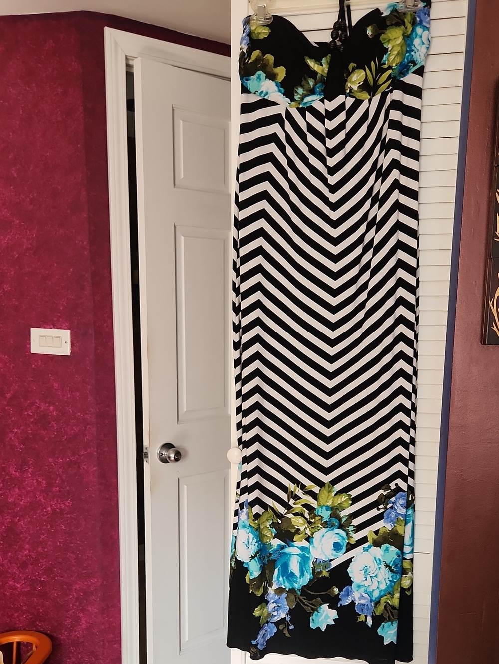 Saint Tropez West Black & White Chevron Maxi Skirt with Blue Floral Hem